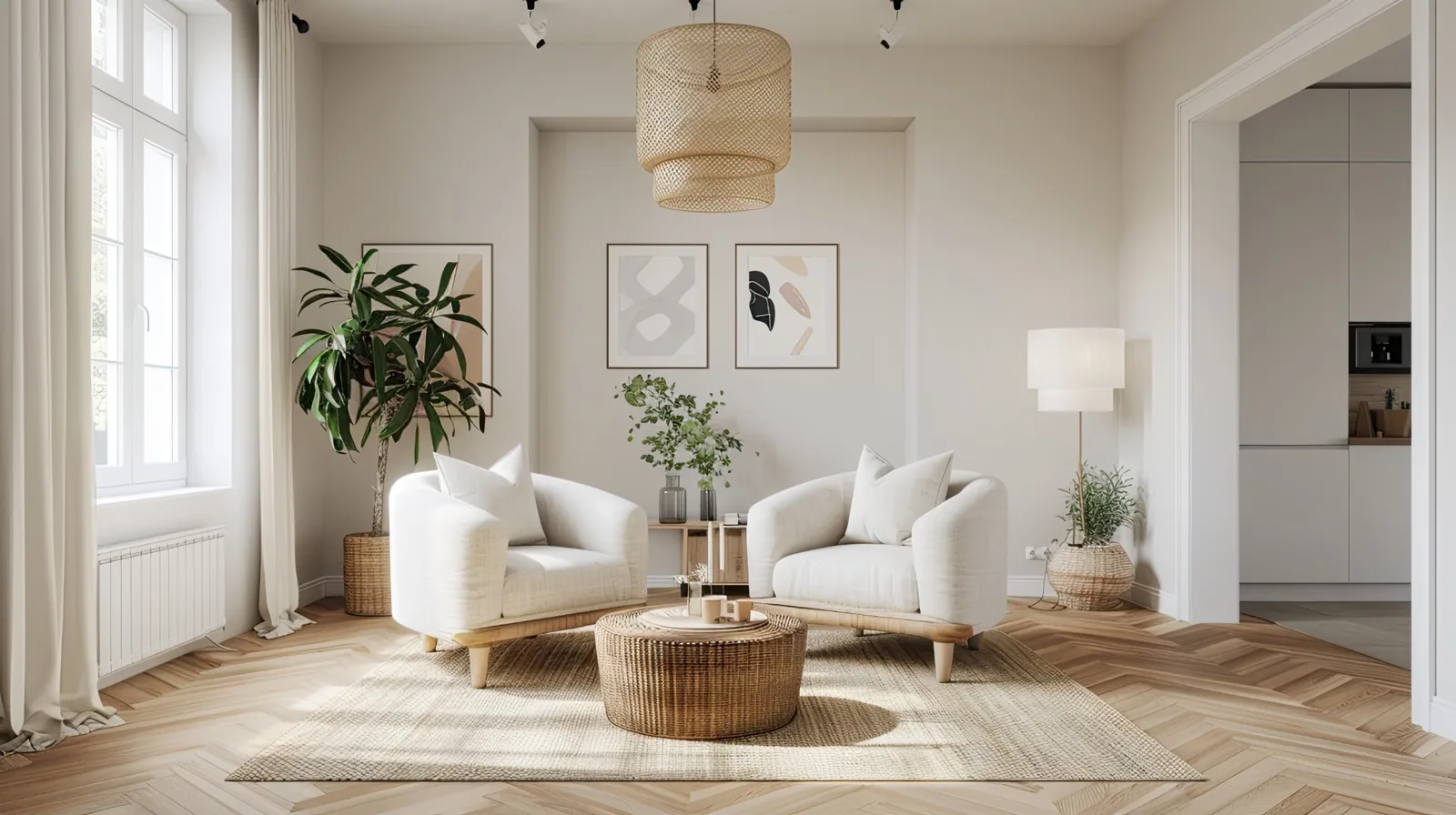 Salon lumineux, parquet en chevrons, fauteuils clairs et décoration naturelle